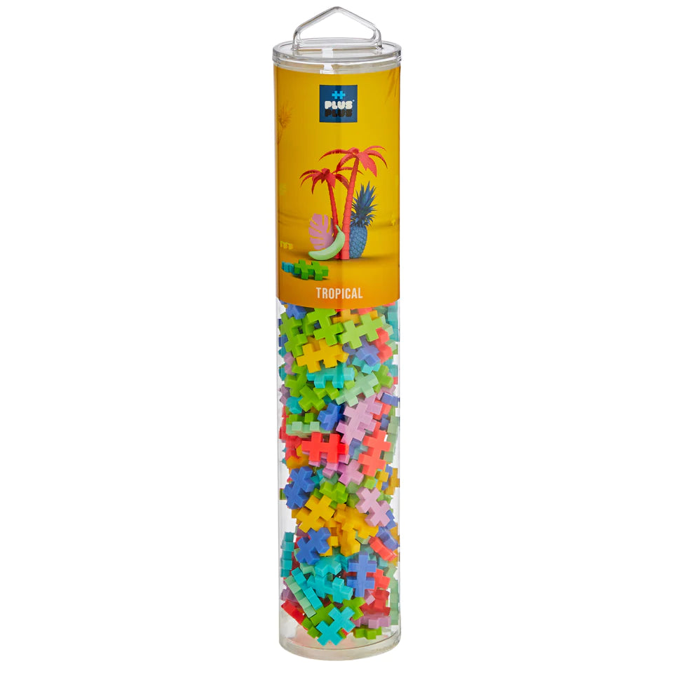 Plus Plus Tropical 240pc tube with colorful interlocking pieces for creative 2D and 3D building and STEM play.