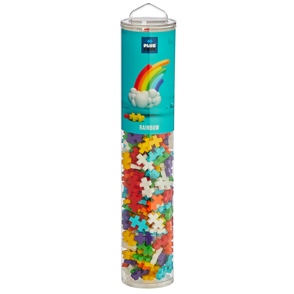 Plus Plus Rainbow 240pc colorful building pieces in a clear tube for creative 2D and 3D play and STEM learning.