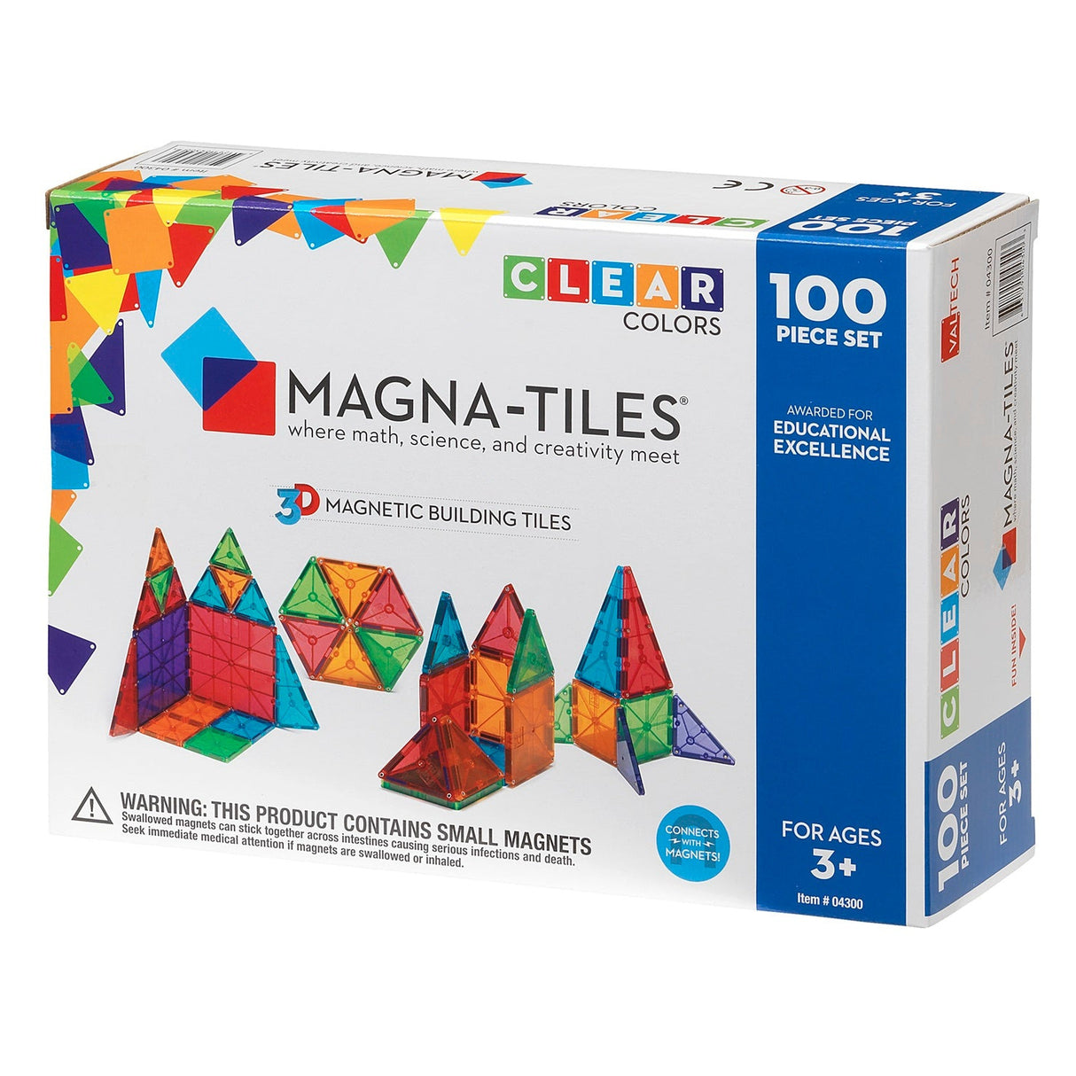 Magnatiles Clear 100pc set with colorful, translucent magnetic building tiles for creative STEM play, ages 3 and up.