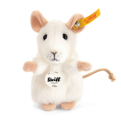 Pilla Mouse plush toy by Steiff, white woven fur, sitting pose, soft grey velveteen ears and feet, hand sewn with safety eyes.