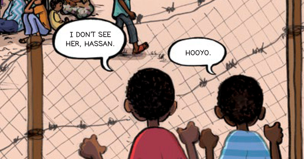 Illustration from When Stars Are Scattered showing two boys looking through a barbed wire fence in a refugee camp.