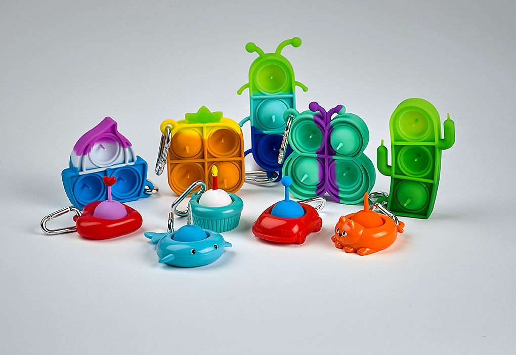 Pull 'n Pops Keychain assorted sensory fidget toys with poppable bubbles in colorful fun shapes and designs.