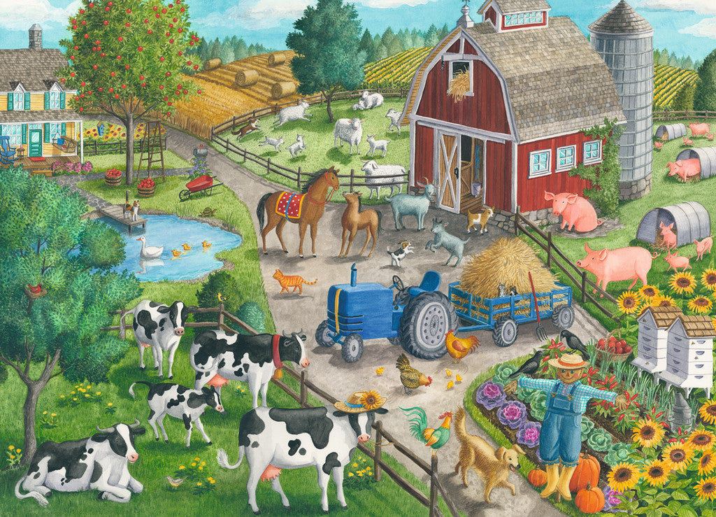60pc Home on the Range Puzzle showing a lively farm scene with animals, a barn, tractor, and bright garden for preschoolers.