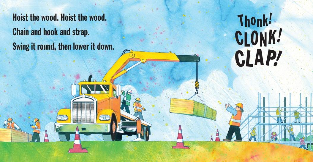Construction board book illustration showing a crane lifting wood with workers and sound words Thonk Clonk Clap