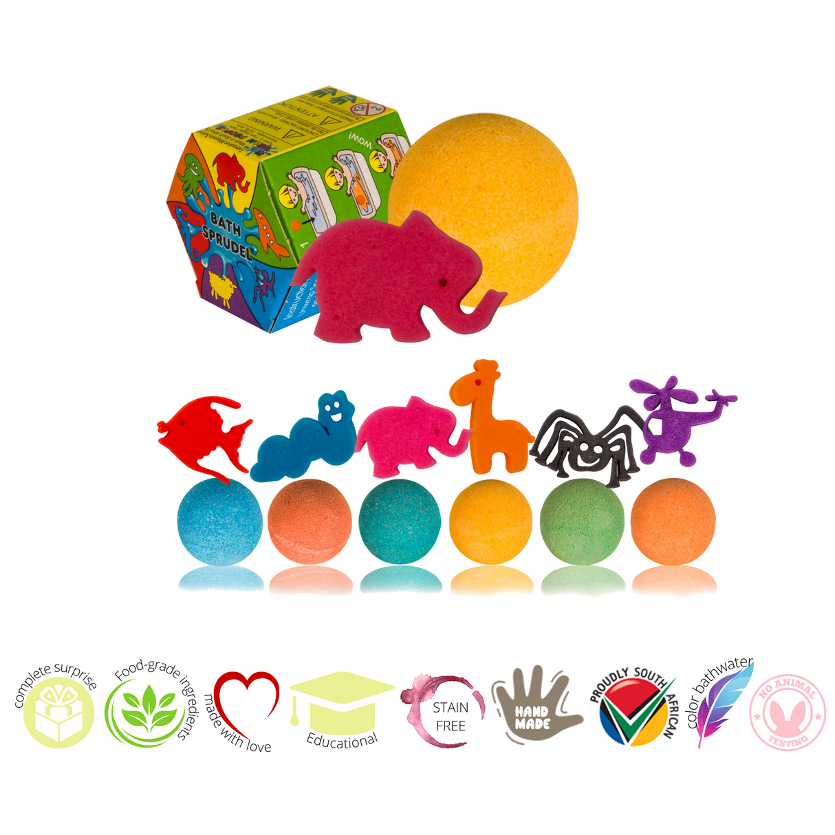 Sprudel Bath Bomb with colorful sponge animal toys and hexagonal packaging for fun, safe, non-toxic bath time surprises for kids.