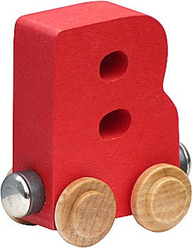 Nametrain Letter B wooden train car in red with natural wood wheels, part of a kids' name train set from Maple Landmark.