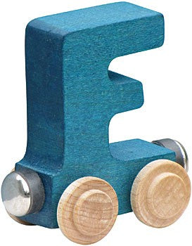 Nametrain Letter F wooden train car in blue, sustainably made from Vermont maple, for kids' name train sets.