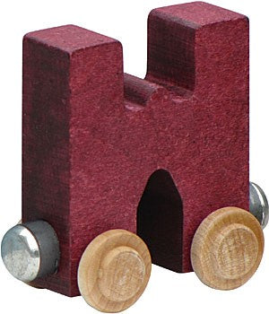 Nametrain Letter W wooden train car in red stain with wheels, made from sustainably harvested maple wood.