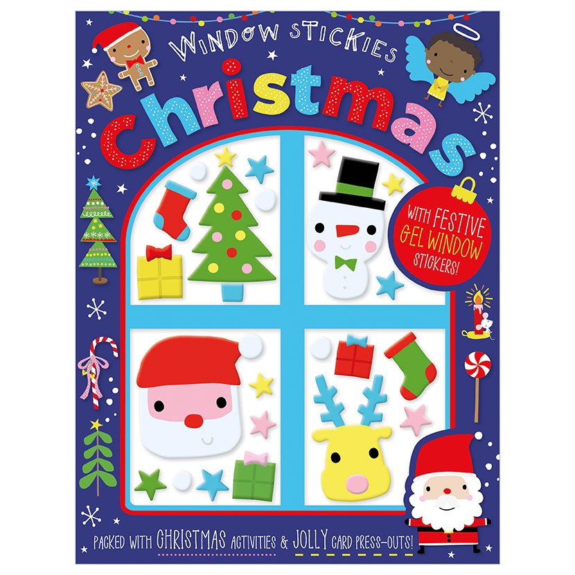 Christmas Window Stickies & Activity Book with festive gel window stickers featuring Santa, reindeer, snowman, and Christmas tree designs.