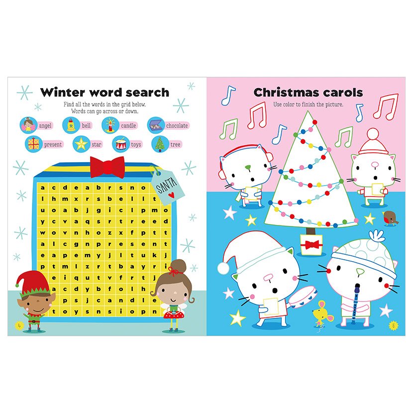 Christmas Window Stickies & Activity Book showing festive word search and Christmas carols coloring pages for kids.