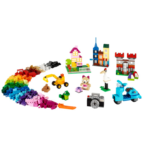 Classic Large Creative Brick Box with colorful LEGO bricks and various creative build examples on a white background.