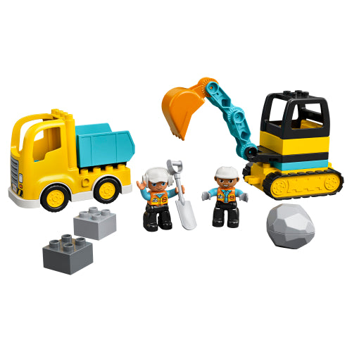 LEGO DUPLO Truck & Track Excavator set with construction truck, excavator, two worker figures, blocks, and rock toy.