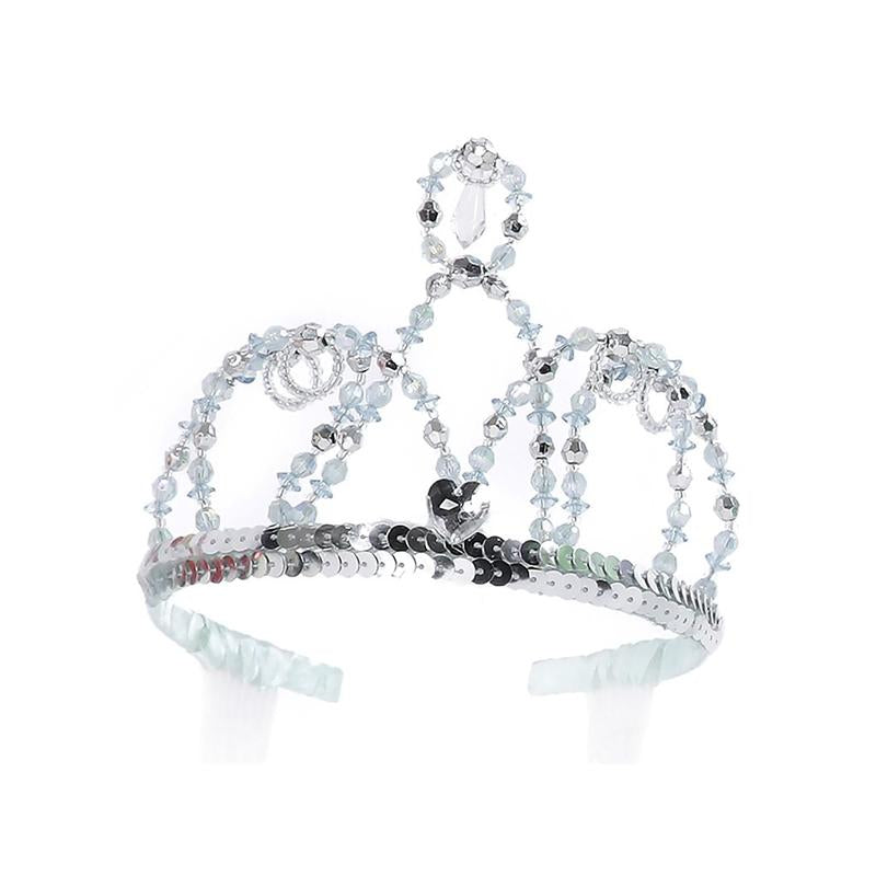 Cinderella Tiara with clear beads, silver sequins, and a ribbon-wrapped base for a classic fairytale princess look.