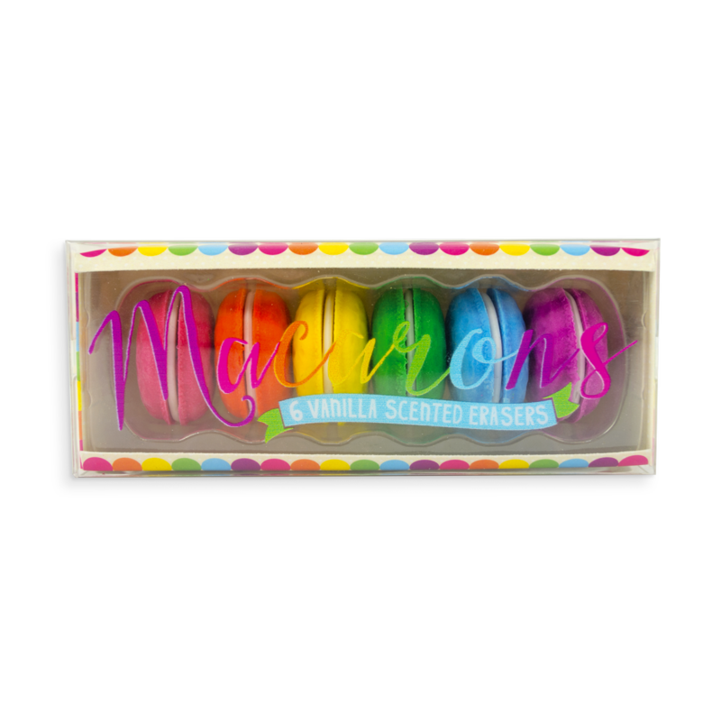Macarons Vanilla-Scented Erasers set of six colorful pastry-shaped erasers in rainbow colors with vanilla scent.