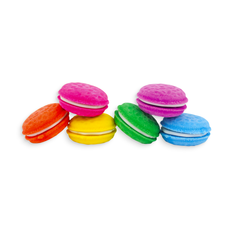 Macarons Vanilla-Scented Erasers in bright pink, orange, yellow, green, blue, and purple colors set of six.