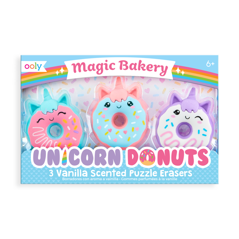 Unicorn Donuts Puzzle Erasers set with three vanilla scented, mix-and-match smiling unicorn donut erasers in pastel colors.