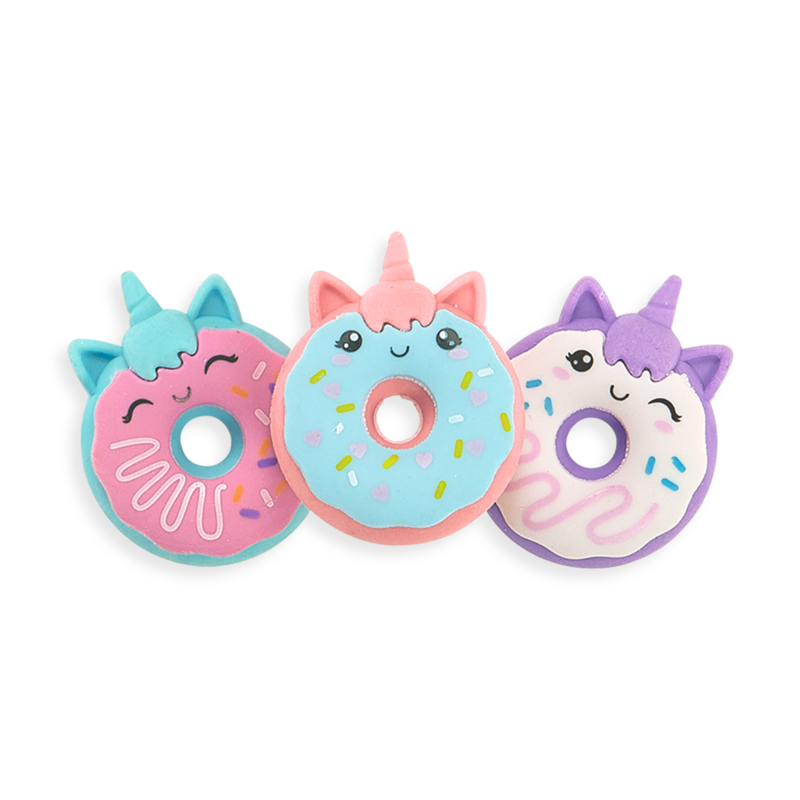 Unicorn Donuts Puzzle Erasers set of three vanilla scented mix-and-match donut tops with smiling unicorn faces.
