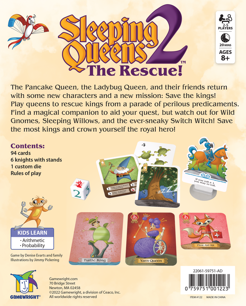 Sleeping Queens 2: The Rescue! game box showing cards, custom die, and rescue companion tiles for ages 8 and up.