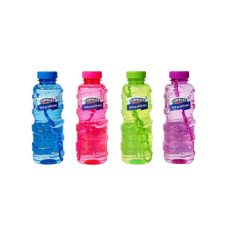 Four assorted color bottles of Fubbles | Bubble Solution 16oz with bubble wands inside, ready for bubble play.