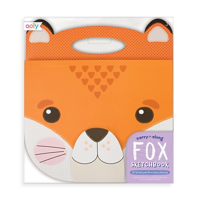 Carry Along Fox Sketchbook with cute fox face, carry handle, velcro clasp, perfect for drawing and coloring on-the-go.