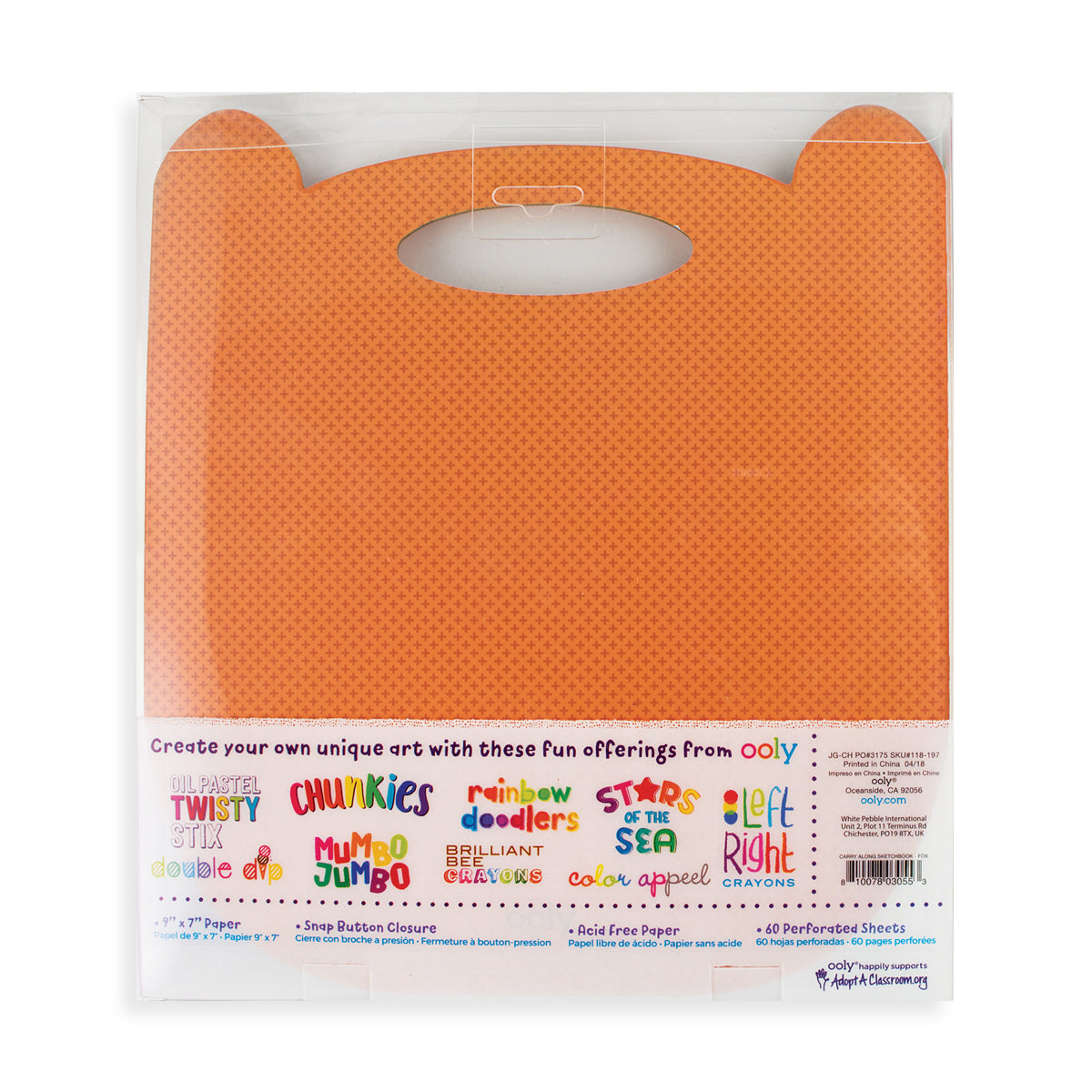 Carry Along Fox Sketchbook with orange fox design, carry handle, and velcro clasp for art on-the-go.
