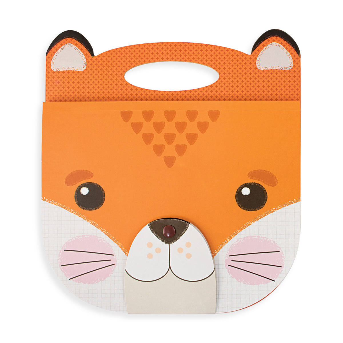 Carry Along Fox Sketchbook with cute fox face, carry handle, and velcro clasp perfect for drawing and coloring on-the-go.
