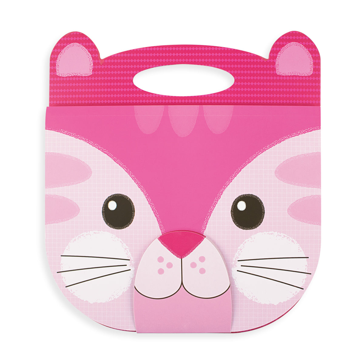 Carry Along Cat Sketchbook in bright pink with handle and velcro clasp nose for easy carrying and secure artwork storage.