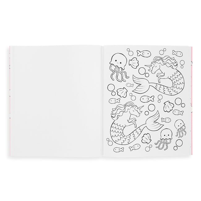 Color-In' Book Enchanting Unicorns showing an open page with unicorn and underwater sea creatures coloring design.