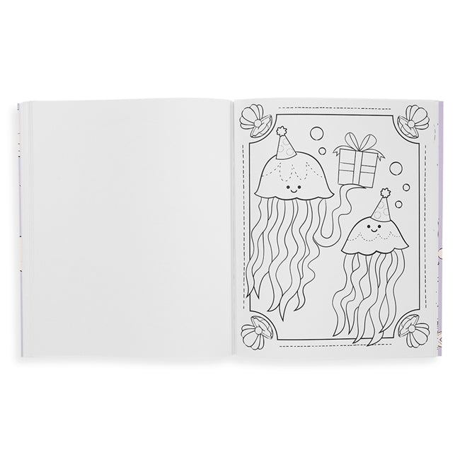 Open pages of Color-In' Book Outrageous Ocean featuring cute jellyfish wearing party hats holding a gift to color.