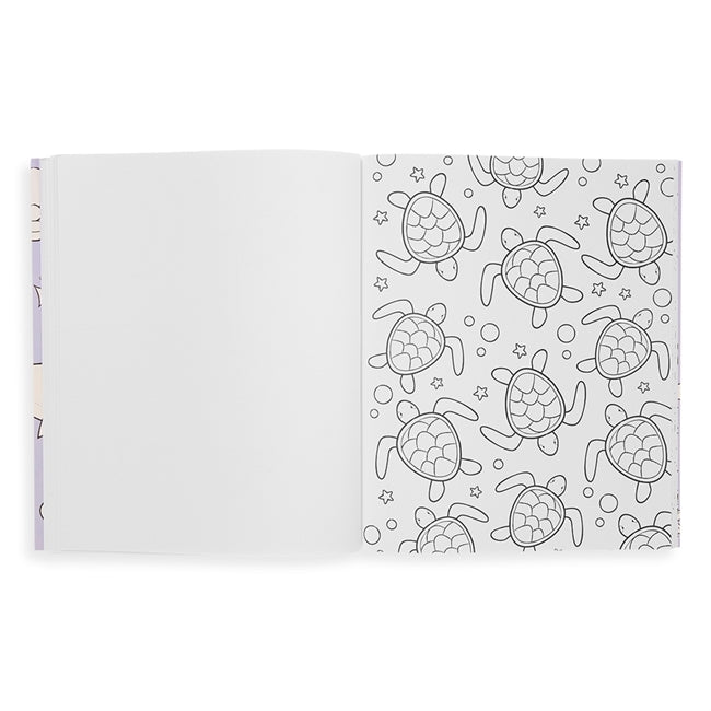 Open pages of Color-In' Book Outrageous Ocean featuring perforated sea turtle coloring sheet for kids ages 3 and up.