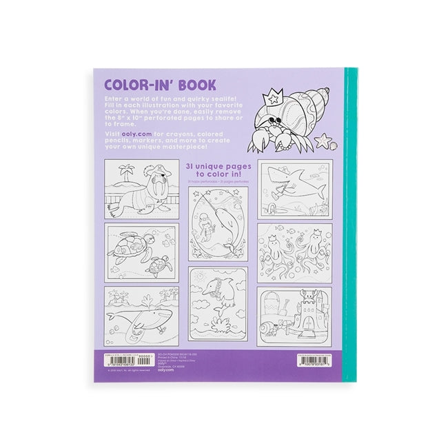 Color-In' Book Outrageous Ocean back cover showing 31 perforated ocean-themed coloring pages for kids ages 3 and up.