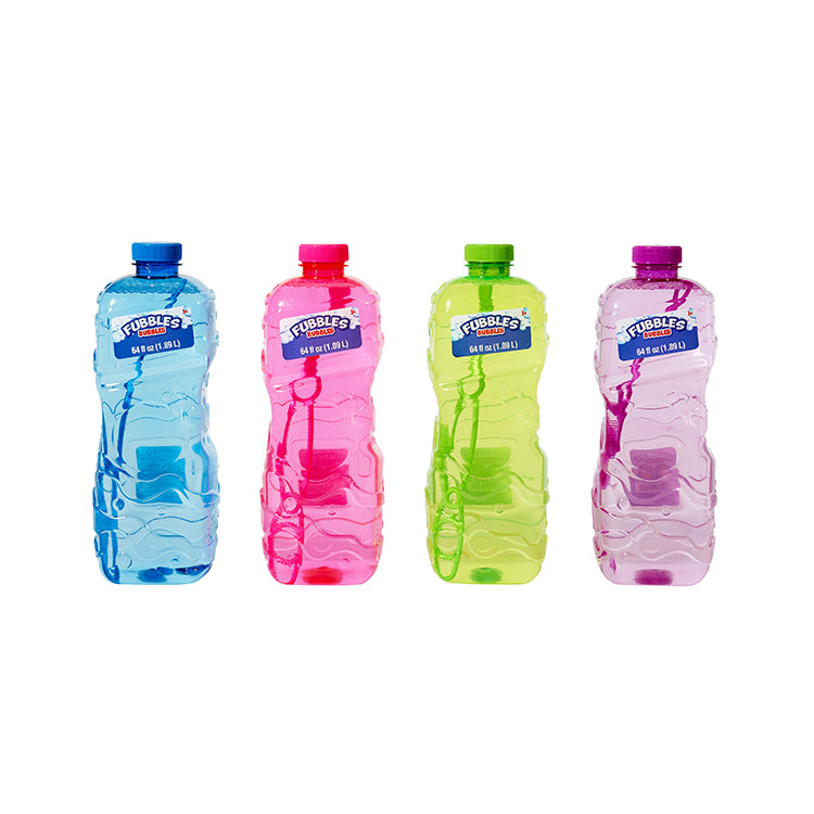 Fubbles | Bubble Solution 64oz bottles in assorted colors with bubble wands for long-lasting, non-toxic outdoor fun.