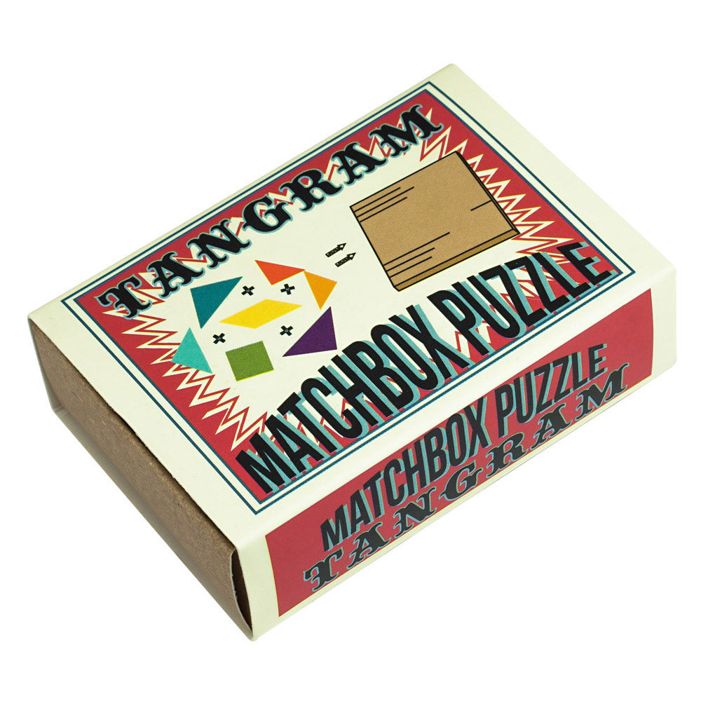Matchbox Puzzle Tangram mini puzzle in a small matchbox with colorful geometric pieces for fun brainteasers.