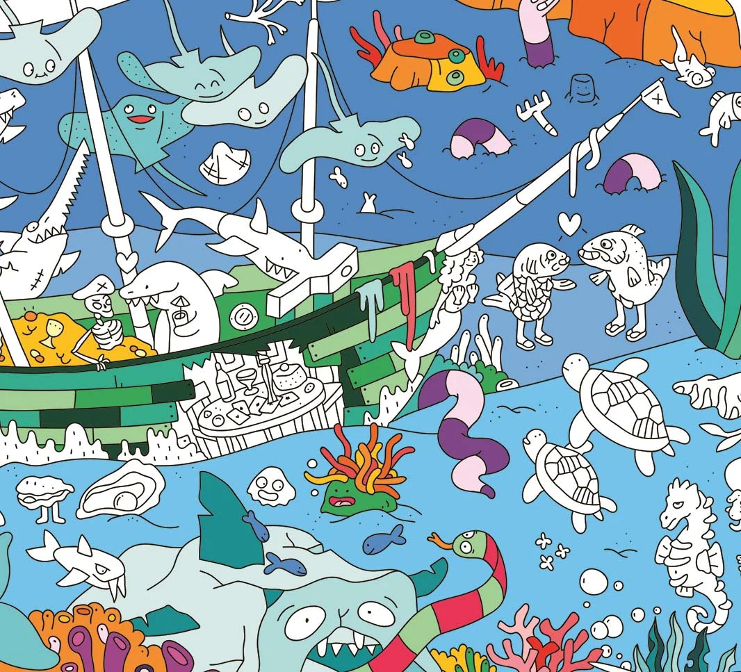 Ocean Giant Coloring Poster featuring a fun underwater scene with sea creatures and a ship for coloring creativity.