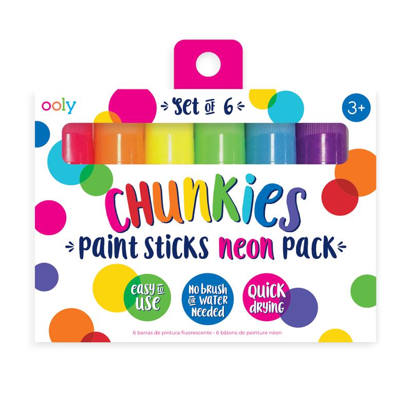 Chunkies Paint Sticks Neon set of 6 bright, easy-to-use, quick-drying neon paint sticks for kids ages 3 and up.
