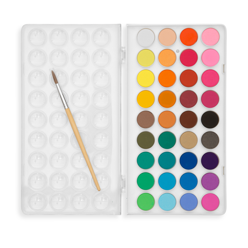 Lil' Watercolor Paint Pods showing 36 vibrant colors with a fine-tipped brush and reusable case opened flat.