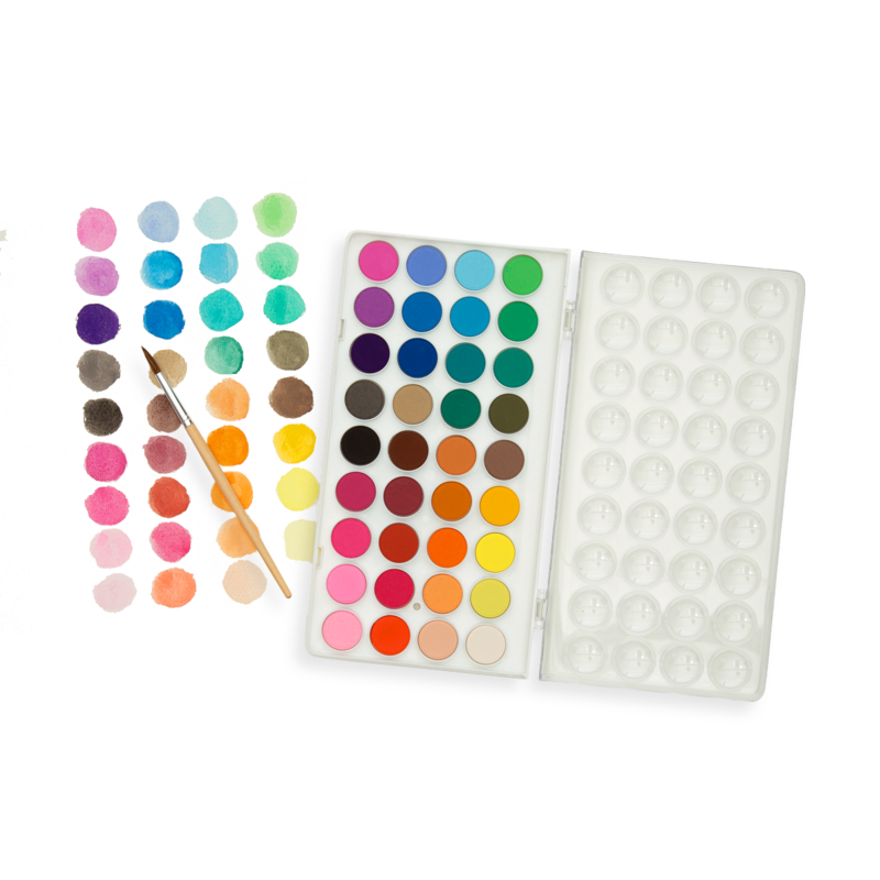 Lil' Watercolor Paint Pods with 36 vibrant colors, fine-tipped brush, and reusable case doubling as a paint palette.