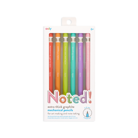 Noted Extra Thick Graphite Mechanical Pencils set with six colorful barrels and inspiring messages for writing and sketching.