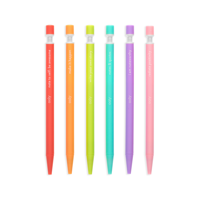 Noted Extra Thick Graphite Mechanical Pencils six colorful barrels with inspiring messages for writing or sketching fun.