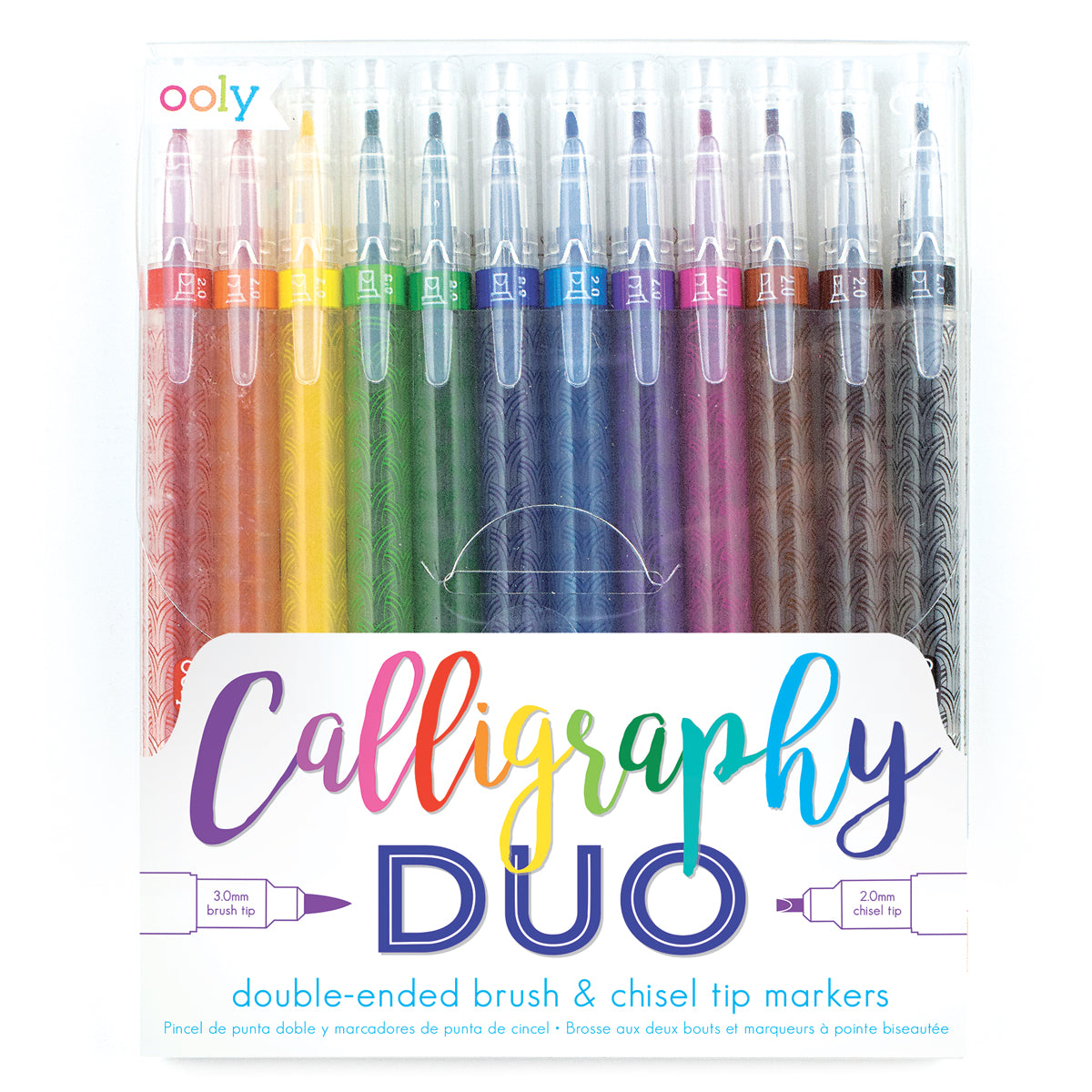 Calligraphy Duo Markers 12 colorful dual tip markers with 2.0mm chisel and 3.0mm brush tips for calligraphy.