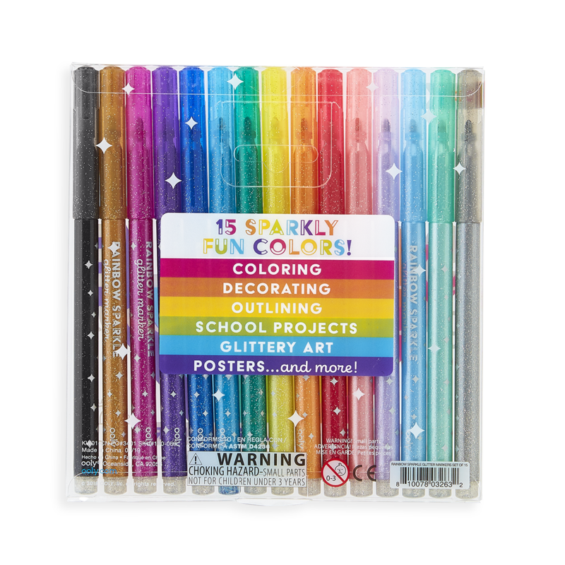 Rainbow Sparkle Glitter Markers set with 15 shimmering colors for coloring, decorating, and glittery art projects.