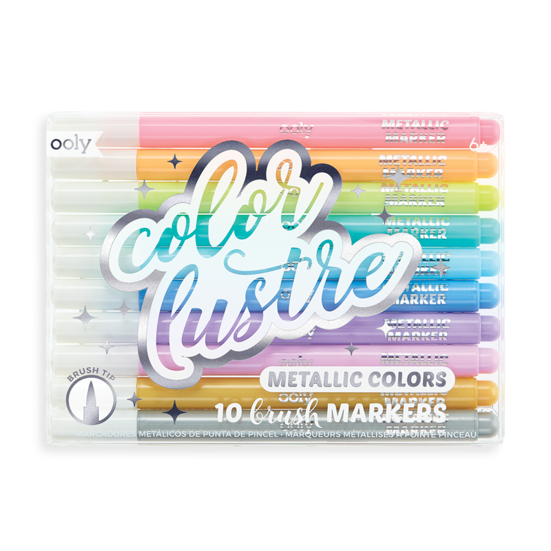 Color Lustre Metallic Brush Markers set of 10 bright shimmering metallic colors with brush tip nibs for creative projects.