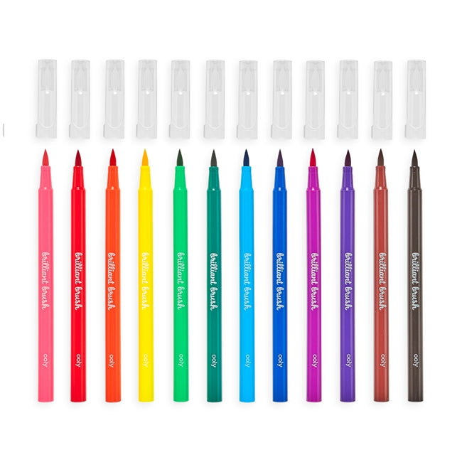 Brilliant Brush Markers set of 12 vibrant colors with soft brush tips for drawing, hand lettering, and detailed artwork.
