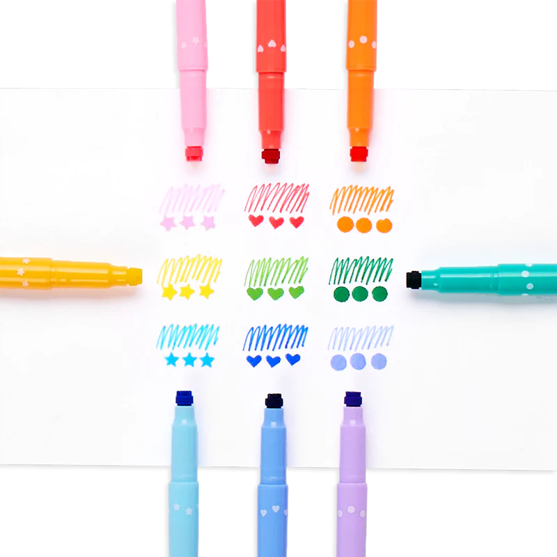 Confetti Stamp Markers showing colorful fine tip drawings and stamped confetti shapes of stars, hearts, and dots.