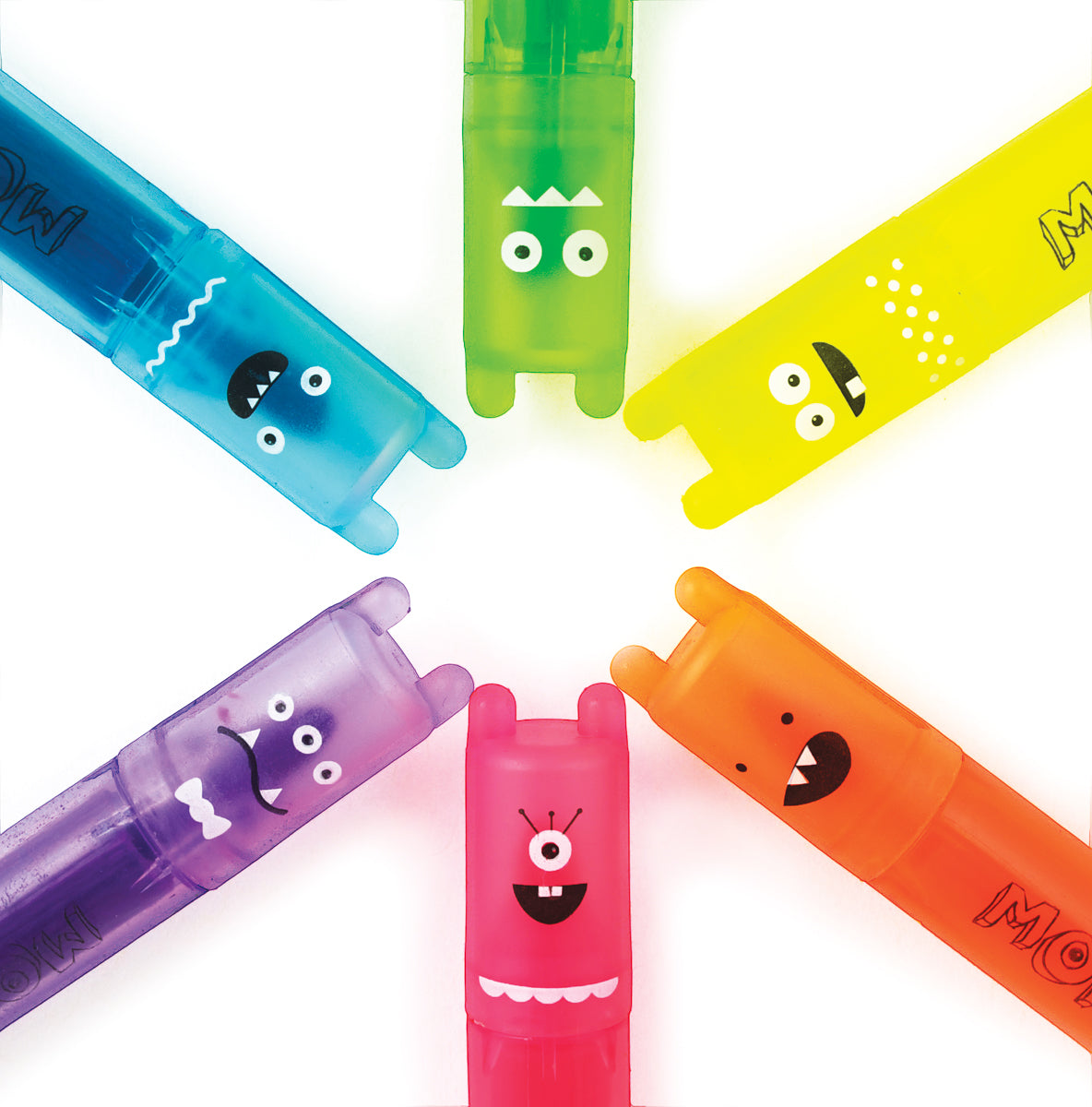 Mini Scented Highlighters | Monster in neon colors with goofy monster faces and sweet fruity scents in pocket-sized markers.