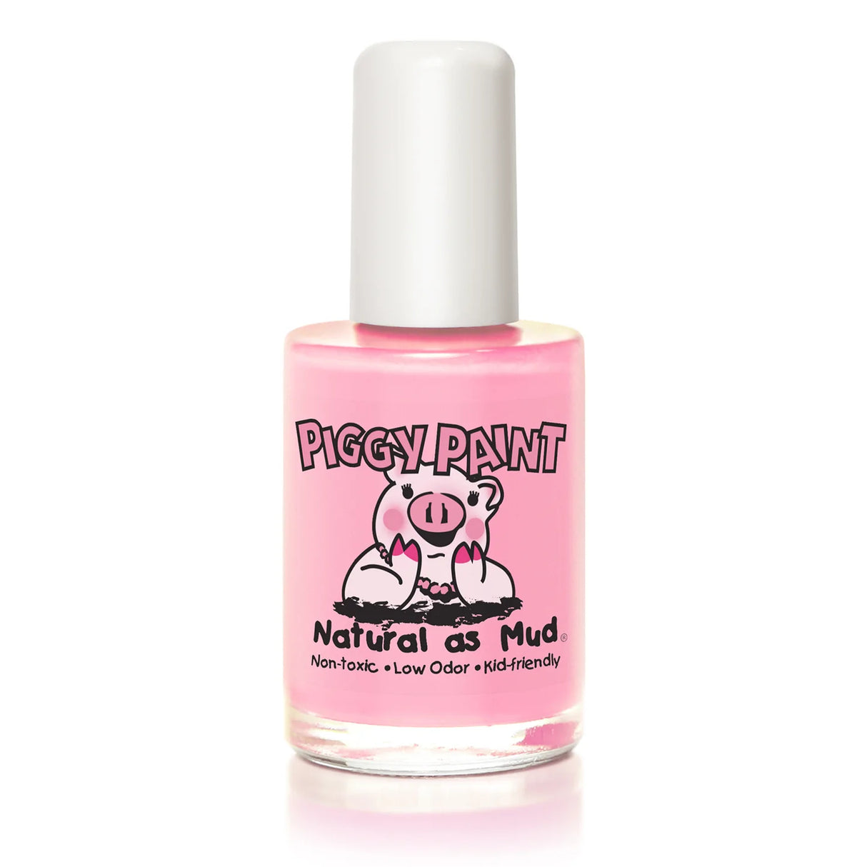 Nail Polish Muddles the Pig pink non-toxic, kid-friendly Piggy Paint bottle with white cap and pig logo.