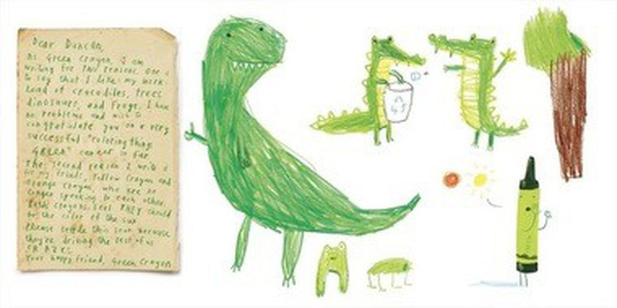 The Day the Crayons Quit illustration of green dinosaur, crayons, and handwritten letter from crayons.