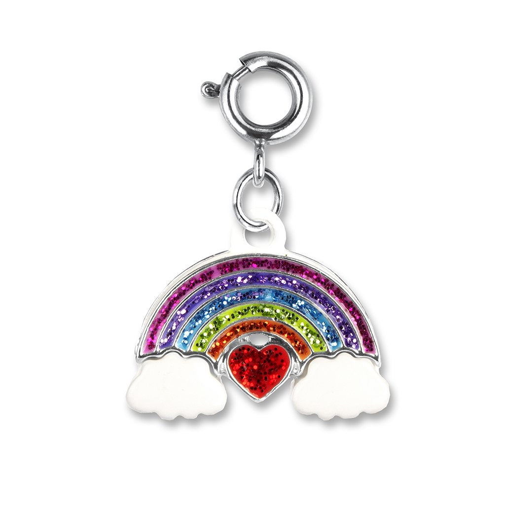 Glitter Rainbow Charm with enamel and glitter details, featuring a rainbow and red heart with silver clasp for bracelets or necklaces.
