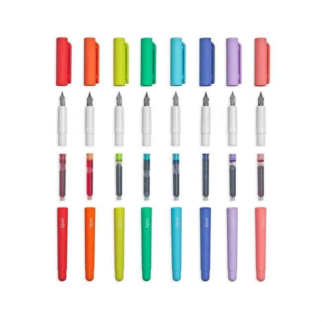 Color Write Fountain Pens shown with 8 vibrant colors, caps, nibs, ink cartridges, and matte-finished barrels for easy grip.