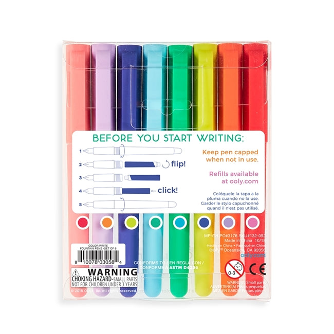 Color Write Fountain Pens set of 8 bright colors with matte finish barrels for easy grip and stylish writing.